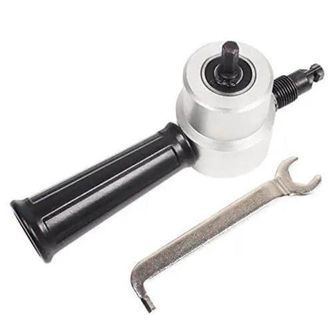Double Head Sheet Metal Nibbler Cutter Holder Tool Power Drill Attachment with wrench, durable steel construction, close-up view.