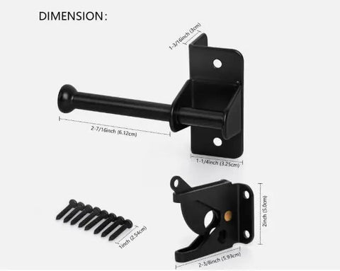 Heavy‑Duty Self‑Locking Automatic Gate Latch, Black Security Hardware for Wood and Metal Yard & Garden Fences with dimensions.