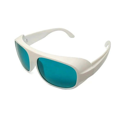 Straight Up Tough Laser Safety Glasses For Red Beam Work Featuring Od6 Plus Filter And Dir Lb5 Rating Across 620 To 700 Nm Range, white frame with blue lenses.