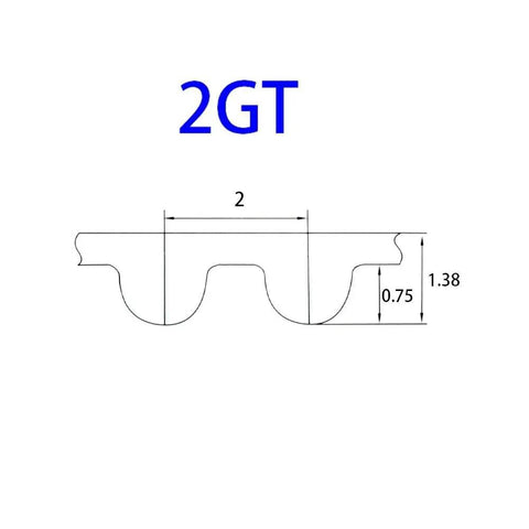2GT profile diagram, part of Three Piece Timing Belt Set For Precision Drive, Lengths From 214 To 244 Mm, 6 To 15 Mm Wide, 112 Teeth Each