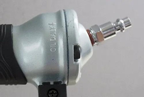 Close-up of the air connector on a Lightweight 18 Gauge Brad Nailer With Hella Cushion Grip for all day trim projects.