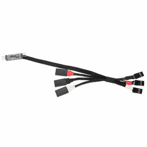 Four Wheel Steering 4WS Control Board And Servo Cable Upgrade Kit For 1 24 SCX24 1 10 DVC10 1 18 TX4M Black Includes Dual Channel Wiring Guide For 3Ch And 2Ch Transmitters RC Car Hobby Upgrade Parts showing cables and connectors.