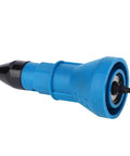 Upgrade Your Garage Setup With This Anu Limen Cordless Drill Adapter Kit That Turns Any Power Tool Into A Super Fast Rivet Gun For Metals And Plastics Including 4 Rivet Heads Wrench Plus Auxiliary Handle For Serious DIY Pros. Blue cordless drill adapter for rivet gun use, side view