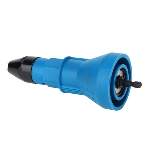 Upgrade Your Garage Setup With This Anu Limen Cordless Drill Adapter Kit That Turns Any Power Tool Into A Super Fast Rivet Gun For Metals And Plastics Including 4 Rivet Heads Wrench Plus Auxiliary Handle For Serious DIY Pros. Blue cordless drill adapter for rivet gun use, side view