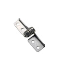 Close-up of a stainless steel damping hinge with adjustable torque pivot and free stop, mounting bracket