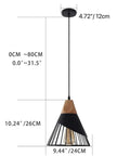 Dope Black Farmhouse Wooden Pendant Light With Rustic Wood And Metal Design, adjustable height, dimensions shown on image.
