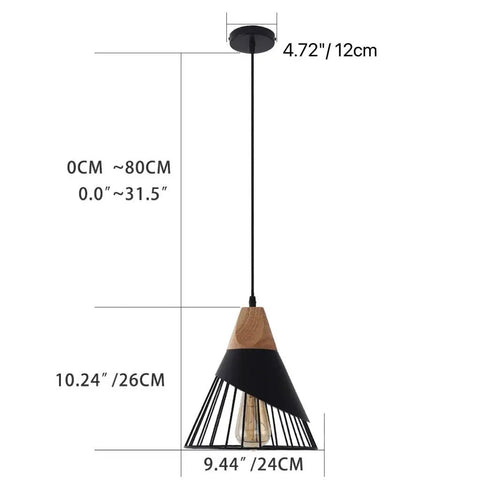 Dope Black Farmhouse Wooden Pendant Light With Rustic Wood And Metal Design, adjustable height, dimensions shown on image.