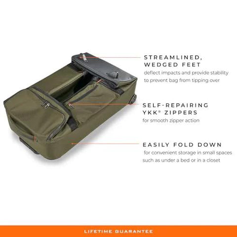 Briggs & Riley 27-inch medium upright duffle luggage in hunter green with wheels and self-repairing zippers