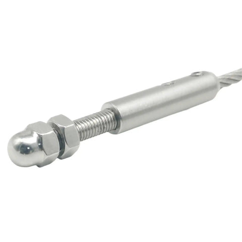 Built Tough 304 Stainless Steel Cable Railing Hardware Kit Featuring Thread Swage Tension End Fittings And Heavy Duty Toggle Anchors For 1/8 Inch Wire Rope Deck Installations close-up of stainless steel swage tension terminal with threaded end.