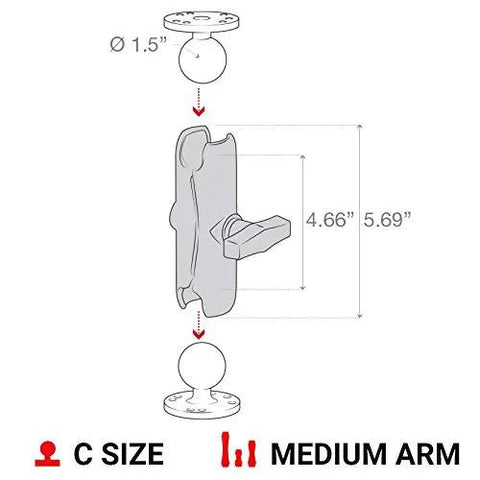 Illustration of a double socket arm for C size RAM ball components with 5.69 inch overall reach and 4.66 inch socket to socket length.