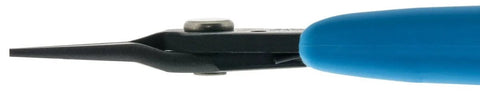Side view of Precision Tweezer Nose Pliers with Radiused Non Marring Tips for Delicate Wire Under 1 Mil, sharp blue grip handle.