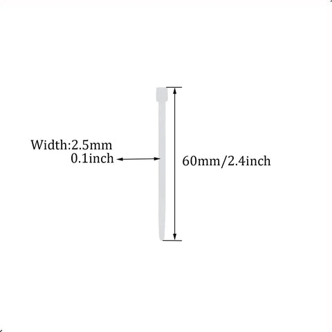 Diagram of 100 Pcs Self Locking Nylon Cable Ties 60mm Long, 2.5mm Wide, 18 Lbs Tensile Strength, showing dimensions in white plastic.