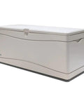130 Gallon Desert Sand Deck Box With Weatherproof HDPE Construction, Powder-Coated Steel Hinges, Closed Lid Side View