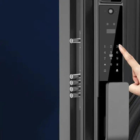 Close-up of 3D Fingerprint Smart Door Lock With Built In Camera And Phone App Control, showcasing keypad and locking mechanism.