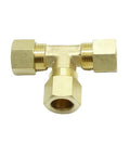 Brass compression T-fitting union tee, front view; 1/2" tube OD, 3 ports.