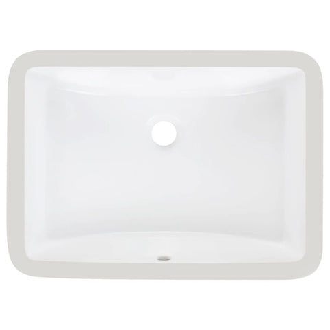 Top view of Undermount White Rectangular Ceramic Bathroom Sink With Overflow, Durable Glazed Finish, 20.625 x 14.75 x 8.125 inches.