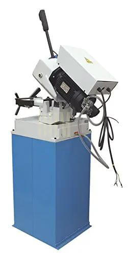 Professional 11 Inch Cold Cut Circular Saw With Swivel Base And Heavy Duty Stand 110 Volt Single Phase Motor at an angle.