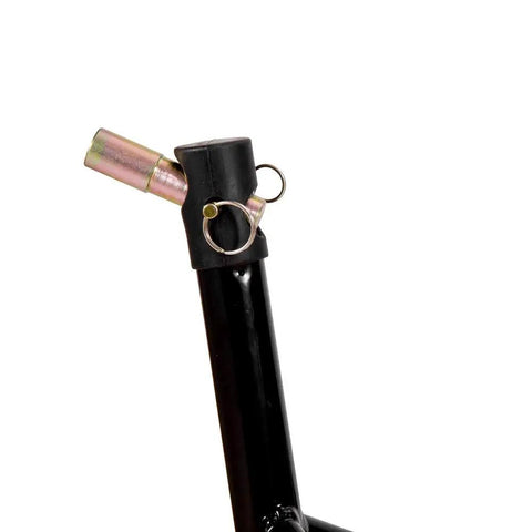 Close-up of pin on Front Headlift Stand for Motorcycle with Triple Tree Pins Front Wheel Lift Stand Four Wheels for Stability Adjustable Pins