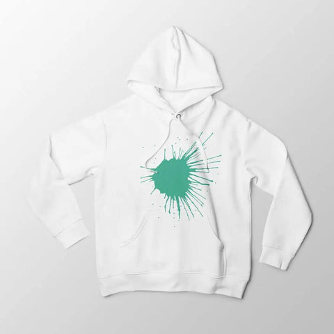 White hoodie with green splatter pattern, showcasing design from Solid Color Transfer Sheets Set, 16 Pcs 4.5x12 Inches Pre Printed Transfer Paper.