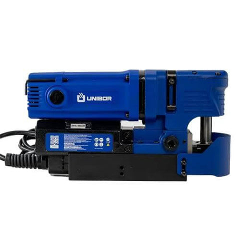 Unibor low-profile magnetic drill press, blue, with base and power cord