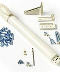 Almond Storm Door Closer Kit With Brackets And Drill Bit, Push Button Style, No Hold Open Washer, includes screws.