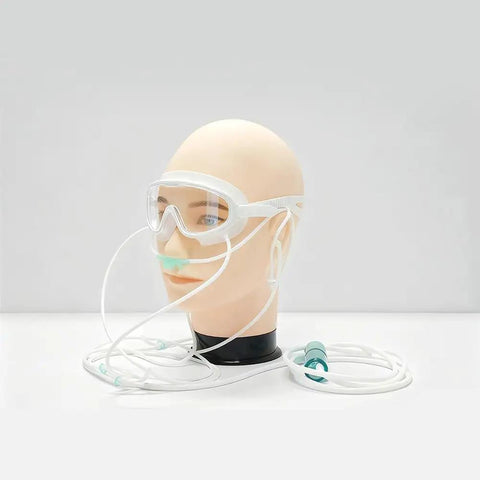 3-In-1 Hydrogen Inhalation Goggles For Eye Heat, Massage And H2 Care on mannequin head with white tubing.