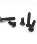 Close-up of black carbon steel screws from Miniature Countersunk Screw Set With Transparent Storage Case.
