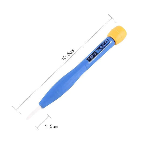 Blue plastic handle with yellow cap from 8 Piece Slotted Screwdriver Set With Anti Static Ceramic Bits And Plastic Handles For Precision High Frequency Circuit Adjustment And Electronics Repair Durable Comfortable Grip For Pro Tech DIY, measuring 10.5cm by 1.5cm.