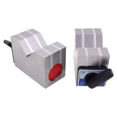 Aluminum Cast Magnetic V Block Set 2 by 2.5 by 2.75 Inches for Grinding shown in two-block view with power pull knob
