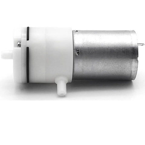 Micro air pump, DC 12V, small white plastic front with silver metal housing.