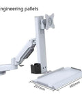 Heavy Duty Dual Arm Monitor Stand Featuring Sleek Height Tuning And Slick Gas Springs With Phone Tray Fits Screens Fifteen To Thirty Two Inches, showing adjustable arm and tray dimensions.