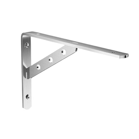 Two Pack Wall Mounted Stainless Steel Brackets With Triangular Structure Heavy Duty Shelf Brackets Adjustable Height Modern Minimalist Design Easy Install Kit Perfect For Home Office Or Garage Storage, side view.