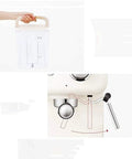 Close-up of a beige fully automatic coffee machine with built-in grinder and milk frother for home use, front view.