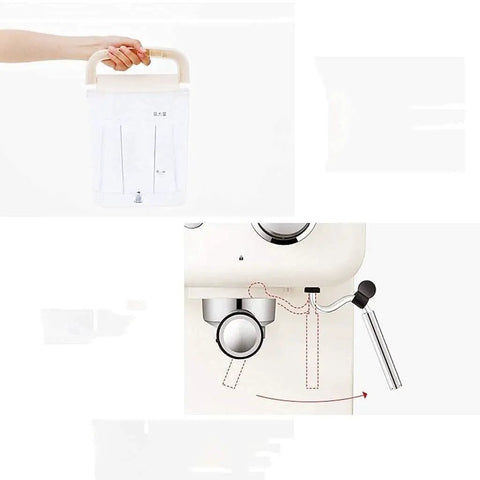 Close-up of a beige fully automatic coffee machine with built-in grinder and milk frother for home use, front view.
