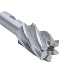 Side view of a Bridgeport-style HSS end mill with 3/4 in shank and multi-flute cutting edges