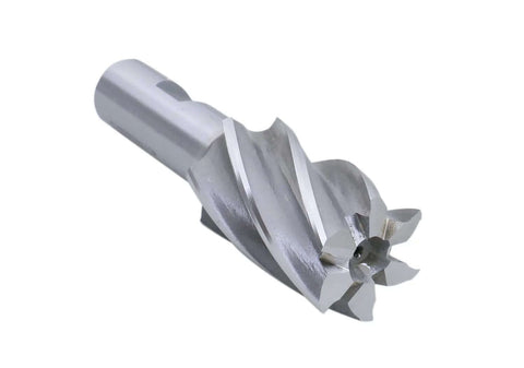 Side view of a Bridgeport-style HSS end mill with 3/4 in shank and multi-flute cutting edges