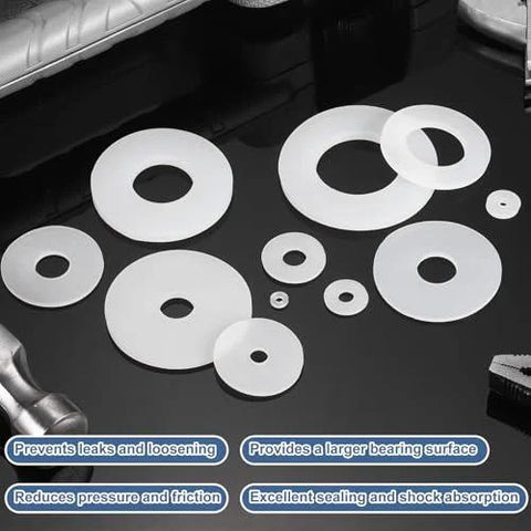 Silicone Flat Washers M10 Size, 20 Pcs, 10mm Inner Diameter 25mm Outer Diameter 2mm Thick Plain Gasket Seals shown spread on surface