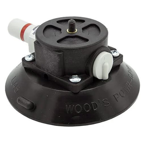 Wood's Powr Grip 4.5-inch mounting cup with 1/4-20 x 3/8-inch threaded stud; front view, black base with white adjustment knobs.