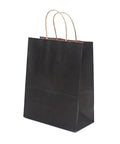 Black paper bag with handles, standing upright, resembling the Brown Kraft Bags With Handles Pack Of 10 25 50 Durable Kraft Paper Bags For Gifts Takeout Food Coffee Groceries Grab And Go Shopping Portable Carry Bags 26x12x31cm.