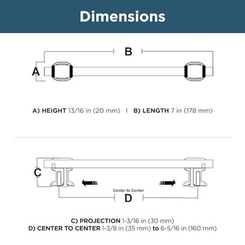 Dimensions diagram of Adjustable Drawer Pulls 5 Pack in Champagne Bronze with Fluted Edge for kitchen cabinets and furniture.