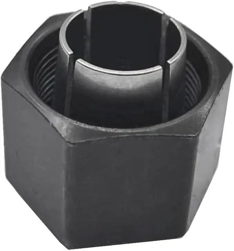 Close-up of a 1/2 inch metal nut from the Router Collet And Nut Set With Reducer Sleeves 6 Piece Kit Includes 1/4 Inch 1/2 Inch And 12 mm Collets