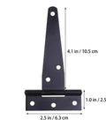 4-inch black iron T-shape door hinge, six screw holes, part of a 24 piece heavy duty set for hotels counter doors and DIY projects.