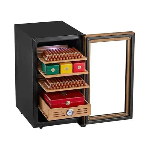 Electric Humidor For Home Use 48L Cigar Cabinet With Cooling Temperature Control, open view with cigars in Spanish cedar shelves.