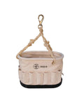 Canvas Tool Bucket Organizer with oval shape, 26 interior pockets, 15 exterior pockets, sisal rope handle, swivel hook, black base.