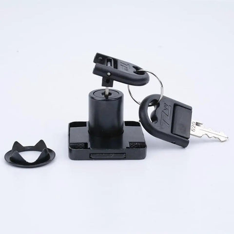 Gotta Keep Your Drawers Locked Down Tight With These Heavy Duty Three Pack Cabinet Locks Featuring Quick Folding Keys For Snappy Setups And Rock Solid Security On Dressers File Boxes And Doors In Black, featuring a round lock with keys.