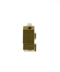 PowerWorks PV4 brake proportioning valve, brass-colored block with side ports, side view