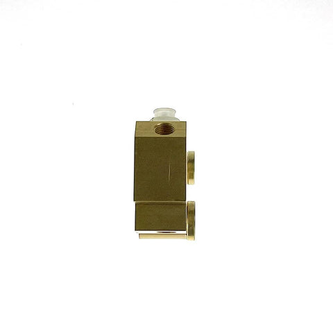 PowerWorks PV4 brake proportioning valve, brass-colored block with side ports, side view
