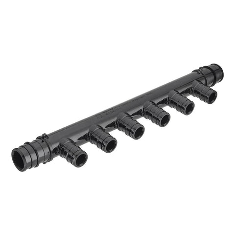 Six-port PEX manifold with 1/2-in outlets and 3/4-in trunk, PPSU plastic, black