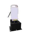 Built Tough Electric Hydraulic Power Unit With Integrated Hydraulic Reservoir Heavy Duty Pump For Lift Tables, steel base, front view.