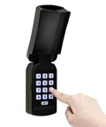 Universal Wireless and Wired Keypad for Gate Opener TC188 Keyless Entry Panel with open cover and hand pressing the code pad.
